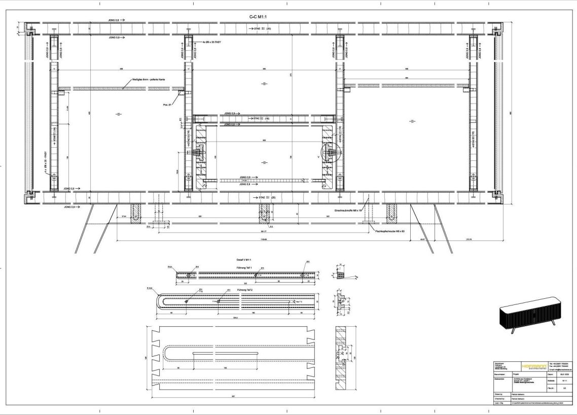 Schreinerei Hofmann Bamberg - CAD Zeichnung Technische Zeichnung eines Möbelstücks mit Maßen und Details.
